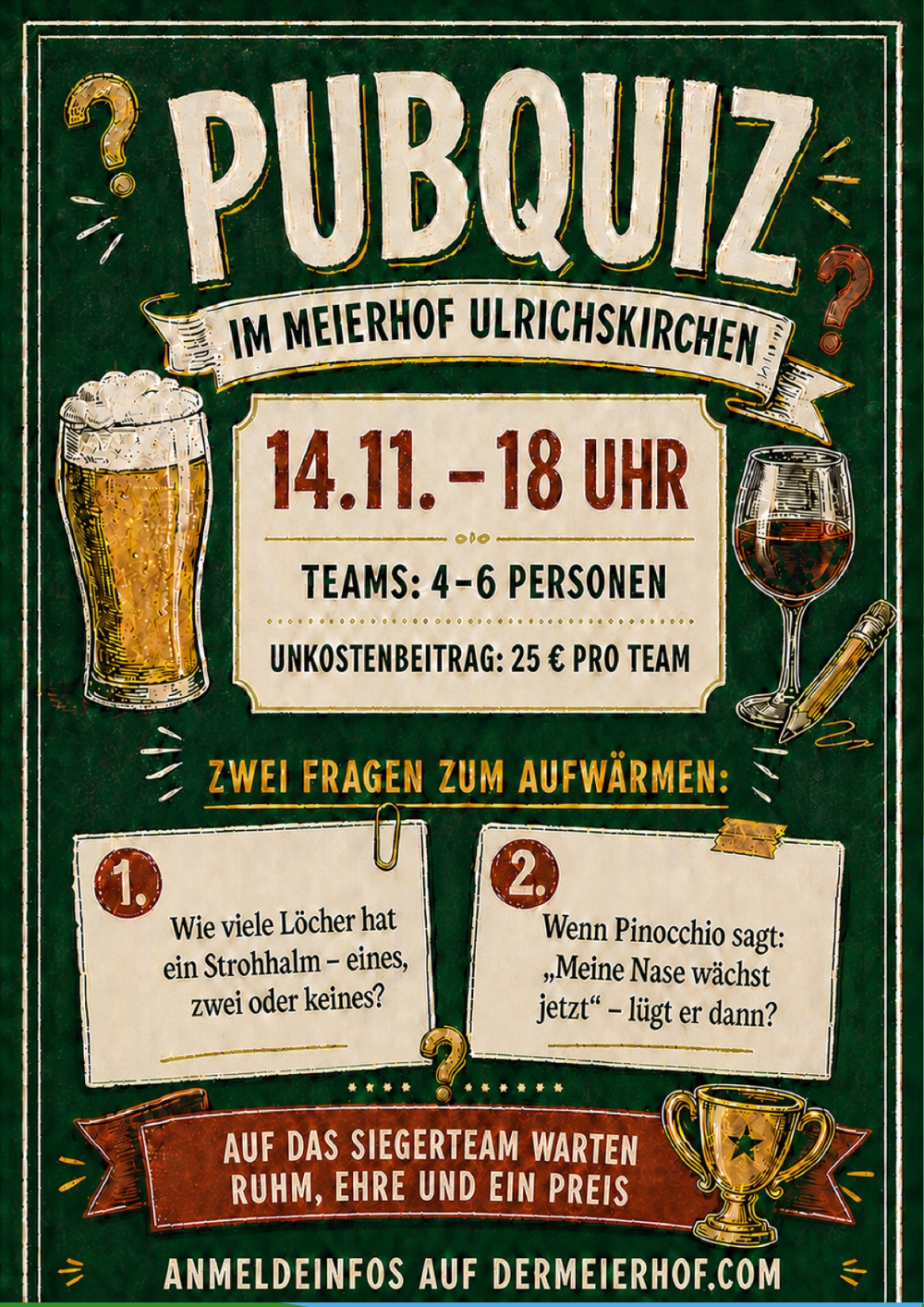 Illustrierte Ankündigung für das Pubquiz im Meierhof